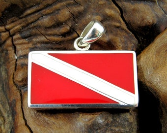 Massiver 925er Sterlingsilber-Taucher-Flaggenanhänger, Handgefertigtes Tiefseetaucher-Symbol, Meeresforscherschmuck