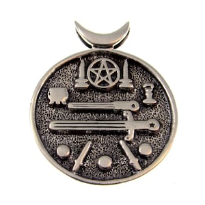 Solid 925 Sterling Silver Magic Witch&#39;s Cauldron Pendant With Iconic Wiccan Symbols, Crescent Moon Pentacle Amulet