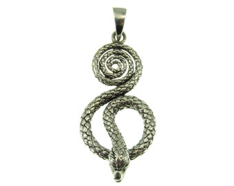 Solid 925 Sterling Silver Coiled Snake Pendant, Handcrafted Pit Viper Amulet