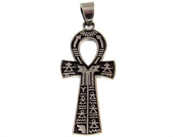 Handcrafted Solid 925 Sterling Silver Egyptian Ankh With Hieroglyphs Crux Ansata Cross Pendant