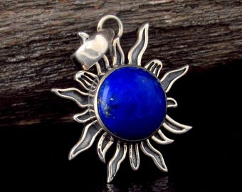 Solid 925 Sterling Silver Sun Pendant – Labradorite, Lapis, Moonstone, Tiger Eye, Turquoise, Spiny Oyster