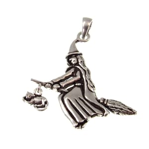 Massive 925 Sterling Silber Hexe auf Besenstiel mit Feline Begleiter Anhänger, Magisches Wicca Amulett