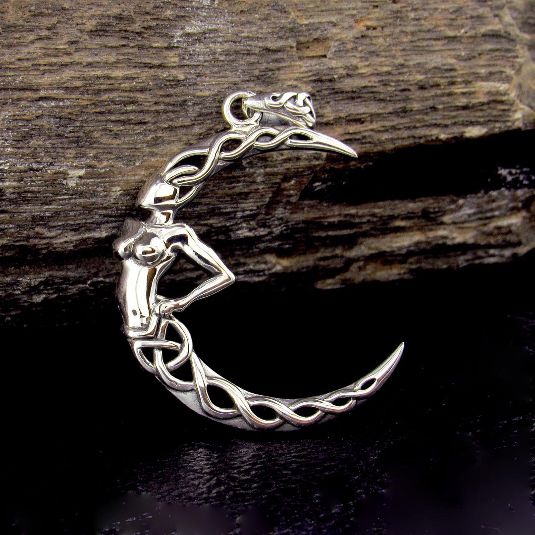 Solid 925 Sterling Silver Celtic Moon Goddess Pendant, Pagan Crescent ...