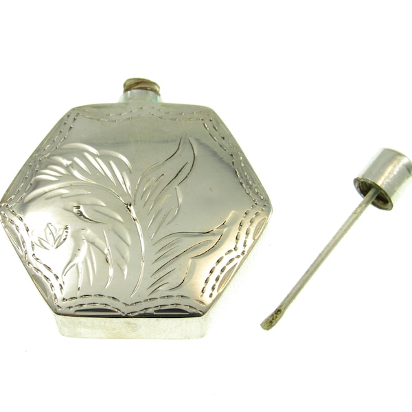 Solid 925 Sterling Silver Etched Floral Hexagon / Polygon Perfume Bottle / Flask with Dauber / Dip Stick, Vintage New Old Stock