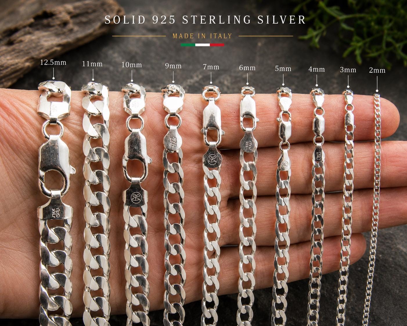 ソリッド925スターリングシルバーイタリアンカーブチェーンネックレス