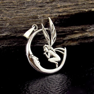 Solid 925 Sterling Silver Fairy Moon Pendant, Crescent Moon Fairycore Amulet, Mystical Fantasy Jewelry