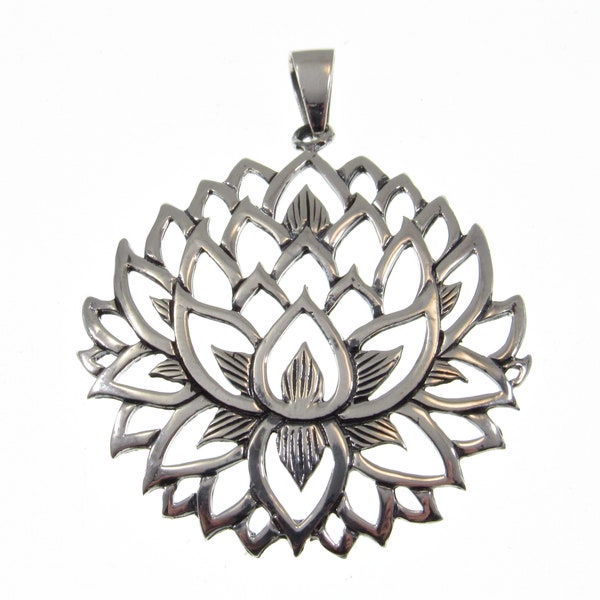 Large Solid 925 Sterling Silver Lotus Flower Pendant, Handcrafted Buddhist Hindu Symbol, Yoga Meditation Amulet