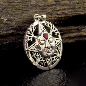 Massiver 925er Sterling Silber Winter Sun Face Anhänger mit Rubin-Herz, keltischer Knoten-Schneeflocken