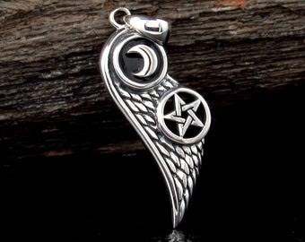 Solid 925 Sterling Silver Crescent Moon Pentacle Angel Wing Pendant w/ Enamel, Gothic Talisman