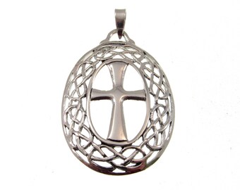 Solid 925 Sterling Silver Large Cross Inside Oval Celtic Knot Wreath Pendant, Irish Gaelic Jewelry Amulet