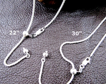 2MM Adjustable Popcorn Chain Slider Necklace for Pendants or Layering, Solid 925 Sterling Silver