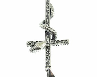 Solid 925 Sterling Silver Slithering Snake on Christian Cross
