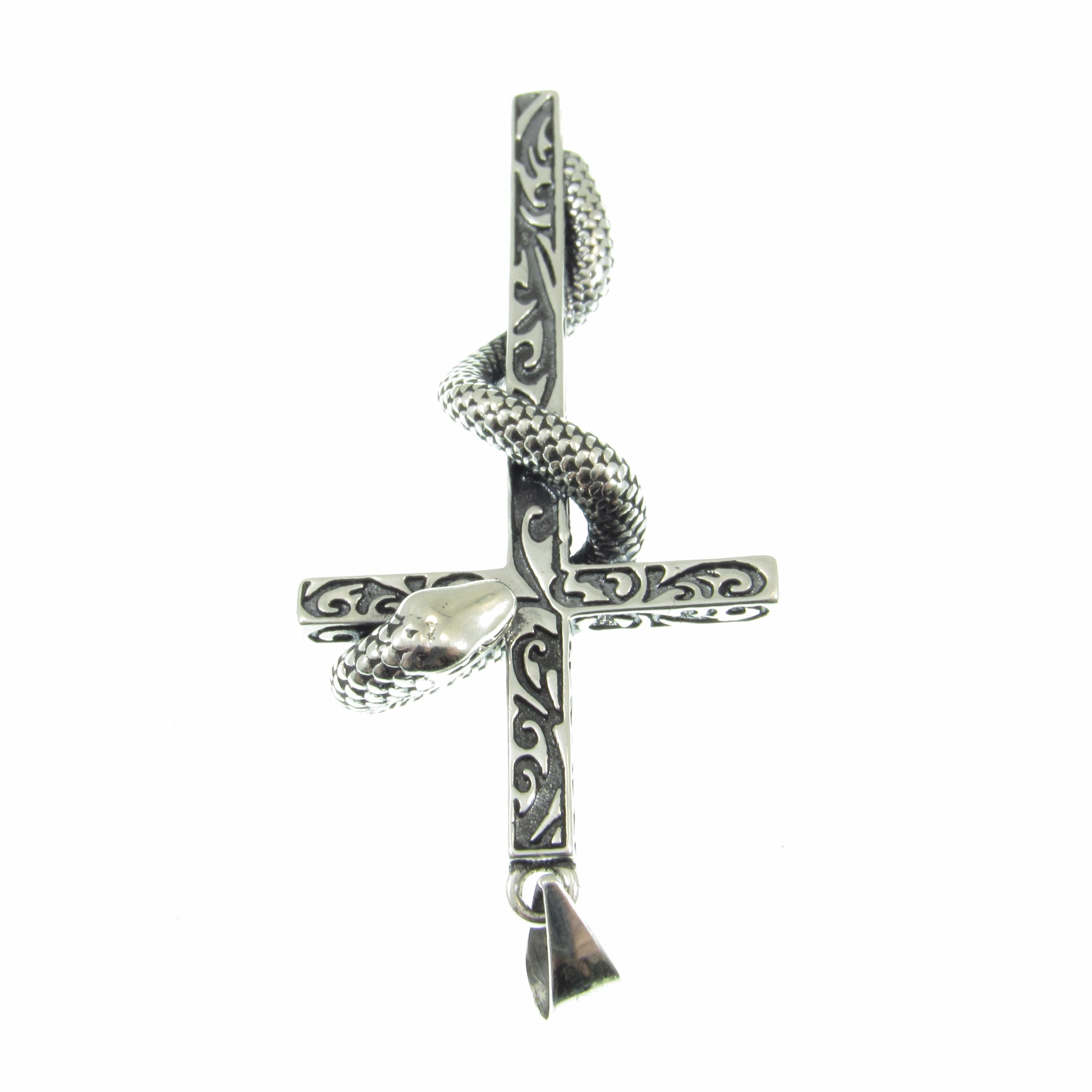 Solid 925 Sterling Silver Slithering Snake on Christian Cross