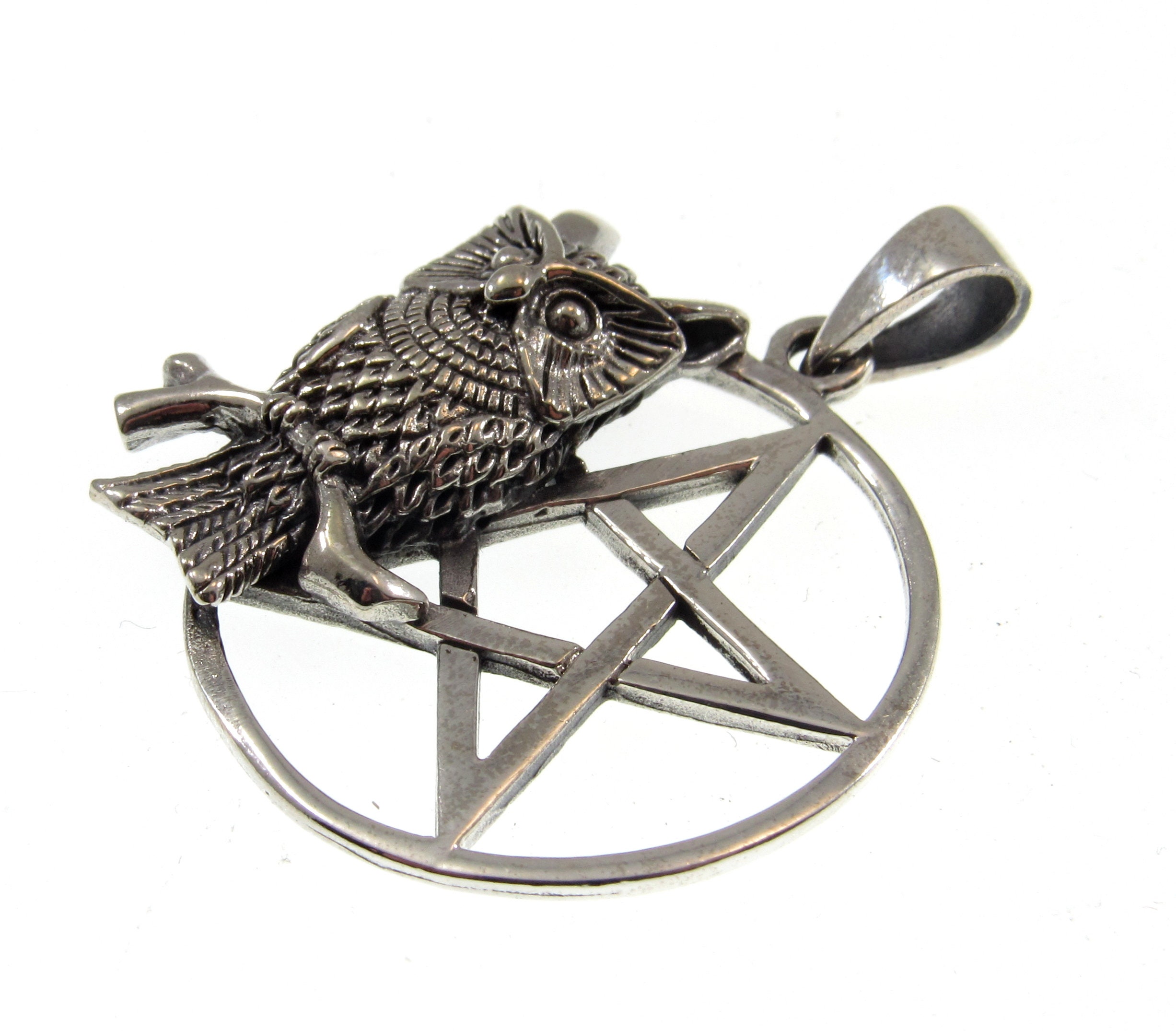 Solid 925 Sterling Silver Owl on Pentacle Pagan Pentagram Pendant 