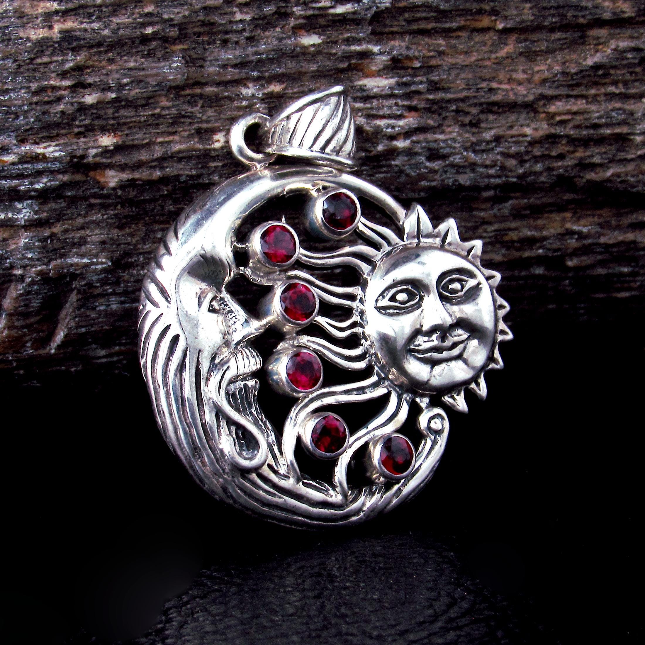 Solid 925 Sterling Silver Sun & Moon Garnet Pendant, Celestial Arcane ...