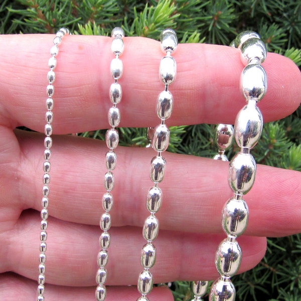 Solid 925 Sterling Silver Italian Oval Bead Chain, Rice Bead Necklace or Bracelet, Unisex Chain for Men or Women, Made in Italy