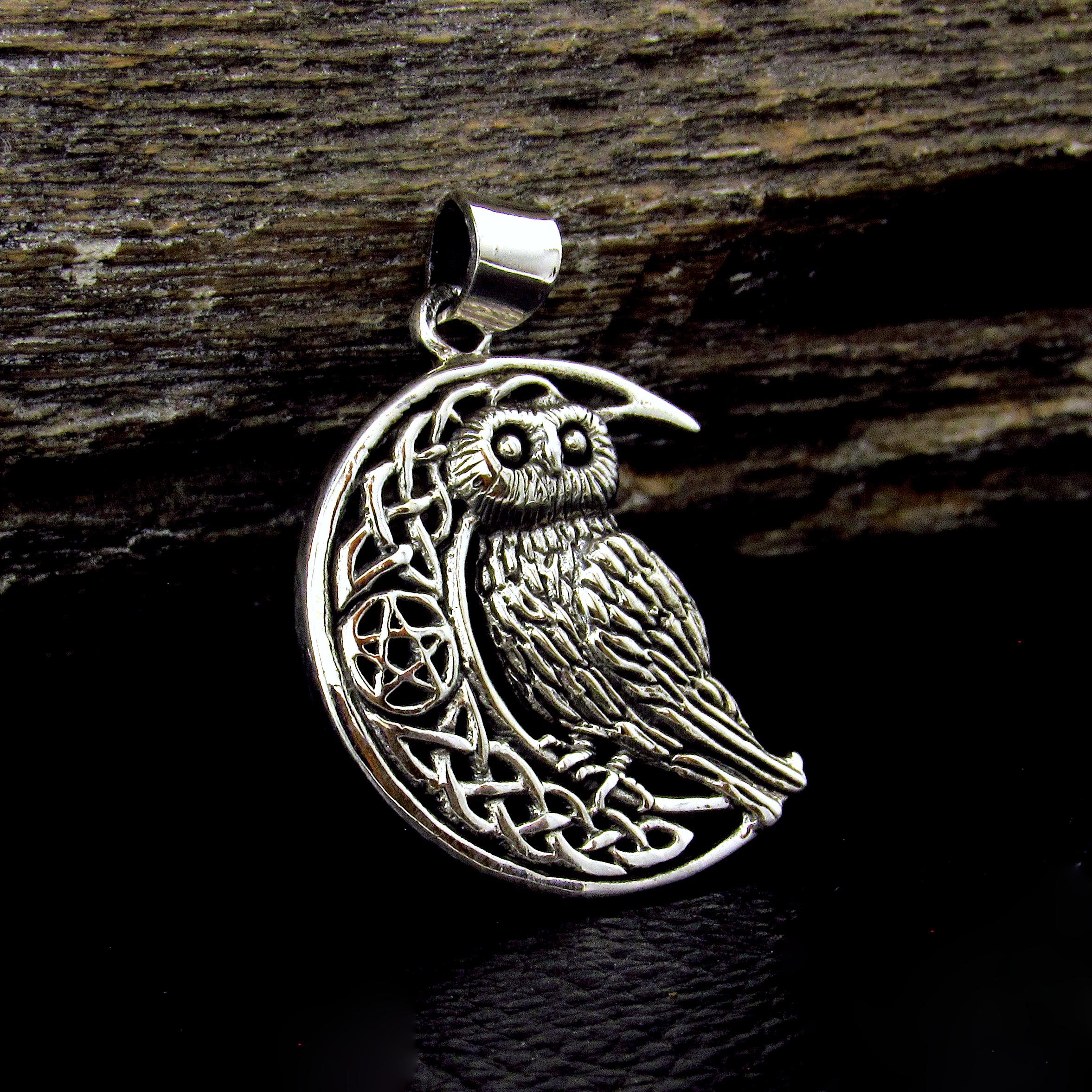 Solid 925 Sterling Silver Owl Crescent Moon Pendant, Celtic Knot Pentacle Wisdom Amulet