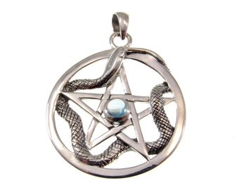 Solid 925 Sterling Silver Weaving Snake Pentacle Pentagram Pendant, Choose Gemstone: Amethyst, Red Garnet, Moonstone or Blue Topaz