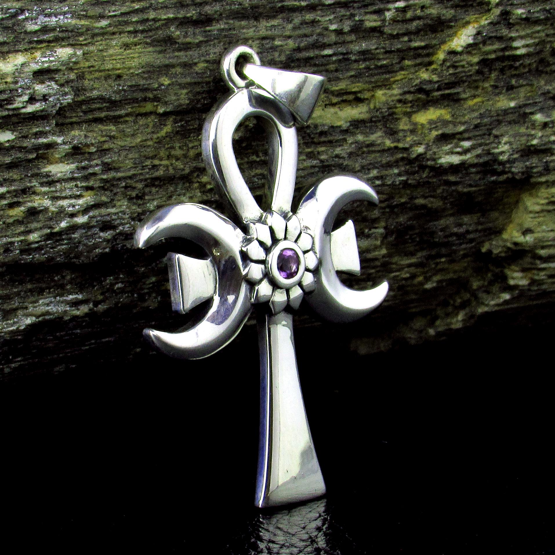 Solid 925 Sterling Silver Triple Moon Goddess Ankh, Amethyst 