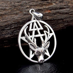 Solid 925 Sterling Silver Stag Pentacle Pendant, Deer Antler Pagan Amulet, Third Degree Symbol
