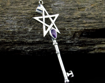 Solid 925 Sterling Silver Pentagram Key Gemstone Pendant – Amethyst Garnet Moonstone Labradorite Topaz