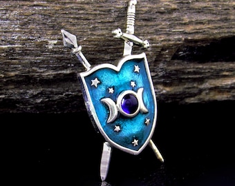 Solid 925 Sterling Silver Triple Moon Shield & Swords Pendant, Amethyst or Rainbow Moonstone