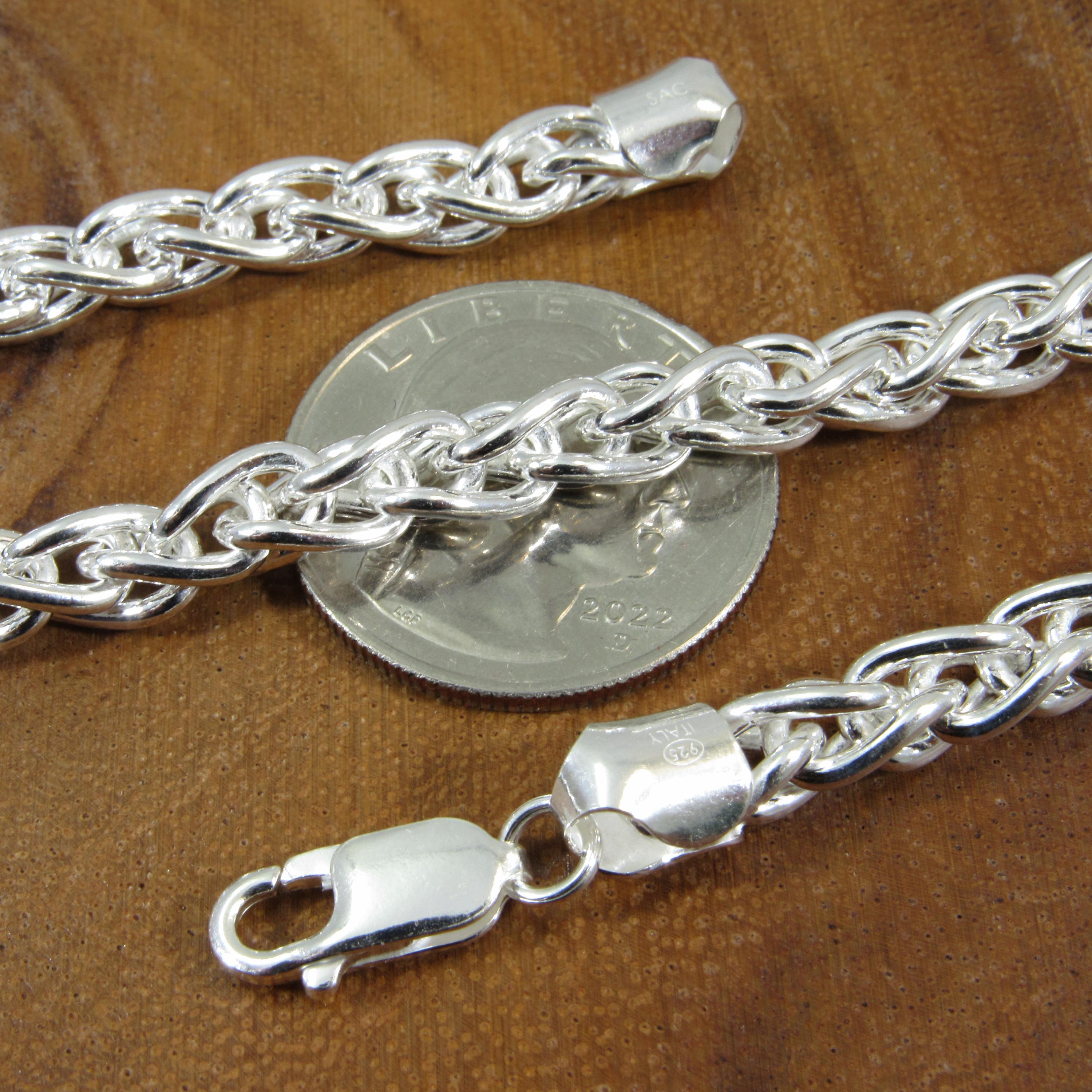 6MM Solid 925 Sterling Silver Wheat Chain for Men, Italian Spiga