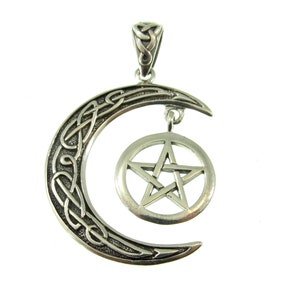 Solid 925 Sterling Silver Pentacle Hanging on Celtic Crescent Moon Pendant, Star Crescent Pagan Amulet, Feminine Power Jewelry