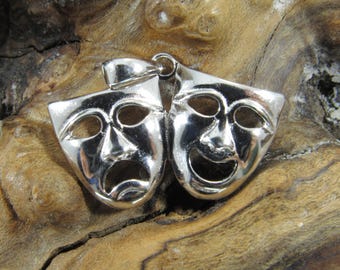 Solid 925 Sterling Silver Theater Mask Pendant, Classical Theatre Comedy & Tragedy Masks, Laughing and Sad Faces Jewelry Charm