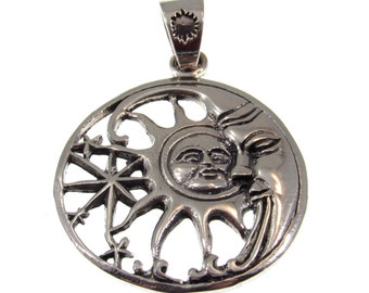 Solid 925 Sterling Silver Waxing Crescent Moon, Sun, and Stars Cosmic Celestial Pendant