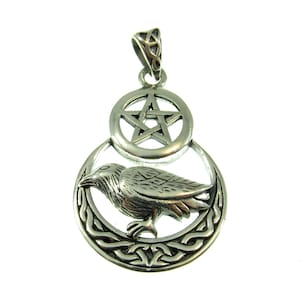 Solid 925 Sterling Silver Raven on Celtic Crescent Moon Pentacle, Magical Pagan Wiccan Amulet