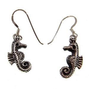 Solid 925 Sterling Silver 3D Seahorse Earrings, Handcrafted Drop Dangle Hook Earrings, Sea Life Nautical Jewelry