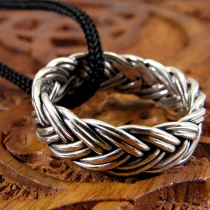 Solid 925 Sterling Silver Men&#39;s & Women&#39;s Double Braided Band Ring, Handcrafted Ring Pendant on Nylon Cord, Sizes 6-12