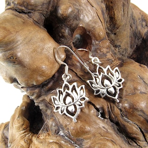 Solid 925 Sterling Silver Lotus Flower Earrings – Boho Drop Dangle Earrings for Women, Yoga Jewelry, Spiritual Silver Earrings, Gift for Her