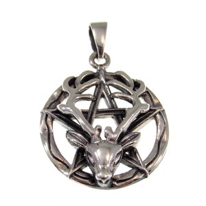 Solid 925 Sterling Silver Reindeer Pentagram Pentacle Pendant, Horned God Cernunnos, Wicca Pagan Amulet