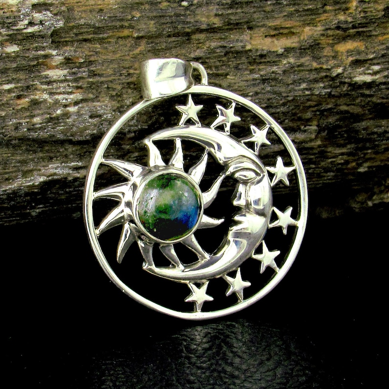 Solid 925 Sterling Silver Sun Moon Face & Stars Pendant With Amethyst ...