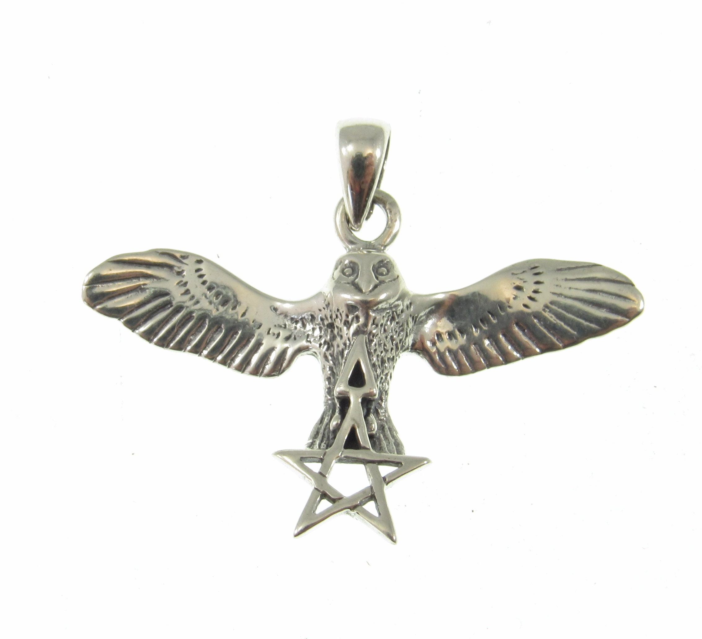 Solid 925 Sterling Silver Flying Owl with The Pentagram Star & Triangle Pendant, Pagan Wicca Amu
