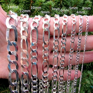 Solid 925 Sterling Silver Figaro Chain Necklace or Bracelet, Italian Made Men’s Silver Jewelry, Heavy Chunky Link Urban Streetwear Style