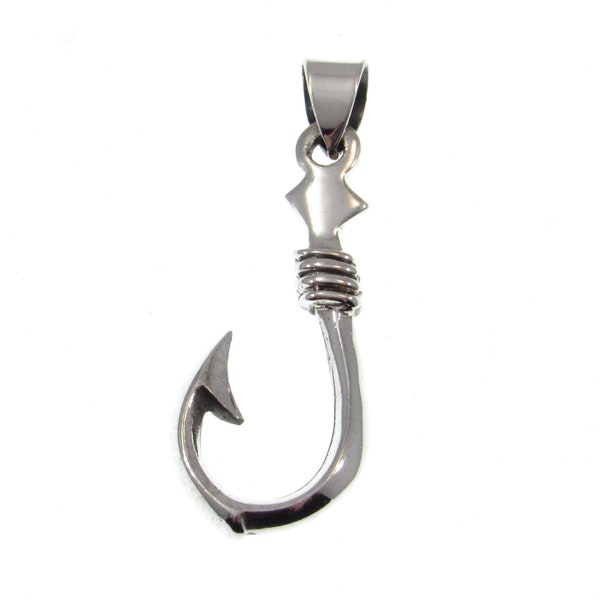 Solid 925 Sterling Silver Nautical Fish Hook Pendant, Handcrafted 3D Two Sided Charm, Sea and Sand Jewelry