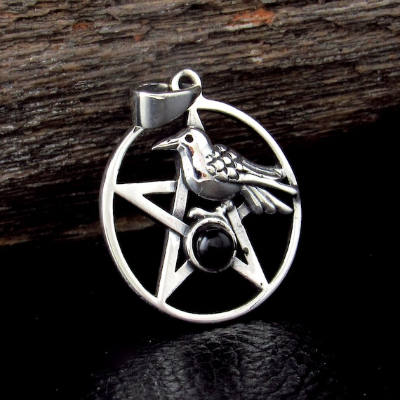 Solid 925 Sterling Silver Crow and Pentacle Pendant With Black 