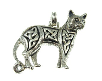 Solid 925 Sterling Silver Magical Wiccan Celtic Cat Pendant