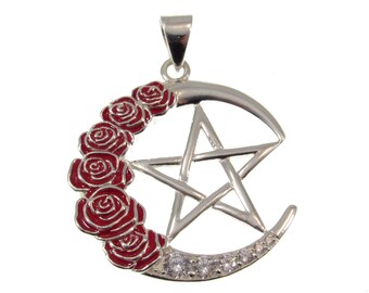 Solid 925 Sterling Silver Star Enamel Roses on Crescent Moon Pentacle Pendant With CZs