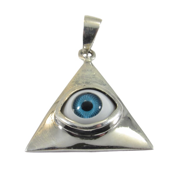 Goofy Eye in Pyramid Pendant, Eyeball Triangle, All Seeing Eye, Handcrafted in Solid 925 Sterling Silver