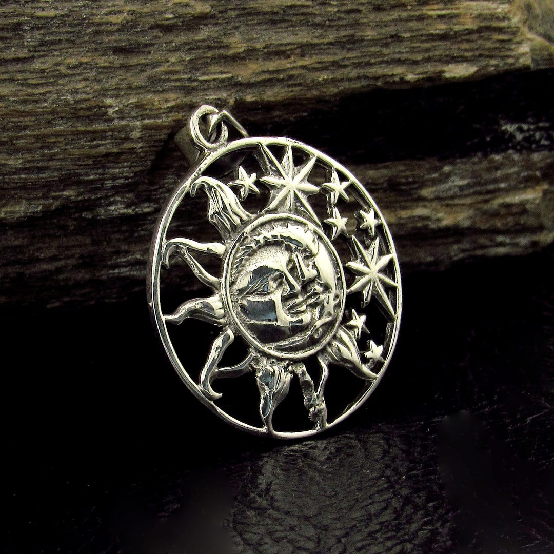 Solid 925 Sterling Silver Sun and Stars Pendant, Celestial Faces Amulet ...