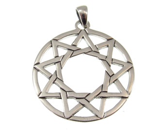 Solid 925 Sterling Silver Enneagram Ninefold Star Pendant, 9 Pointed Religious Pagan Star