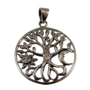 Solid 925 Sterling Silver Sun and Crescent Moon Tree of Life Pendant Handcrafted Yggdrasil Talisman