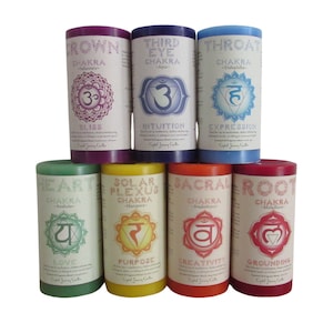May include: Seven chakra candles, each with a different color and symbol. The candles are labeled with the name of the chakra, the Sanskrit name, and a word describing the chakra's energy. The colors are red, orange, yellow, green, blue, indigo, and violet.