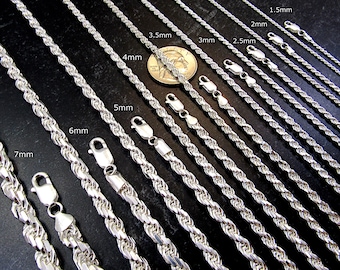 Solid 925 Sterling Silver Rope Chain Necklace or Bracelet, Diamond Cut, Made in Italy, Men's & Women's Silver Chains, All Sizes, Gift Ready
