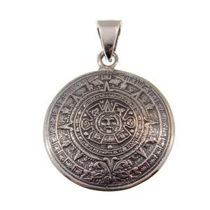 Solid 925 Sterling Silver Aztec Calendar Pendant, Handcrafted Mayan Zodiac Wheel Amulet