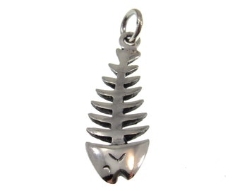 Solid 925 Sterling Silver 3D Two Sided Fish Skeleton Pendant, Handcrafted Fish Bone Charm